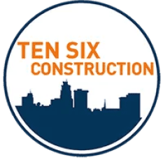 A circular logo with the words "TEN SIX CONSTRUCTION" above a dark blue city skyline silhouette on a white background.