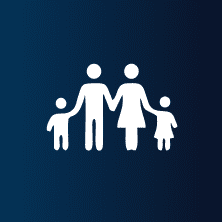 White icon of two adults and two children holding hands, representing a family, on a blue gradient background.