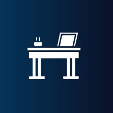 White icon of a desk with a laptop and a cup on a dark blue gradient background.