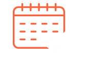 Red calendar icon with five rows of dots and a large white checkmark overlapping the bottom right corner, on a light background.