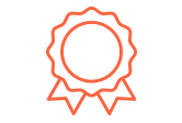 Outline of an award ribbon with a checkmark in the center, depicted in orange on a light gray background.