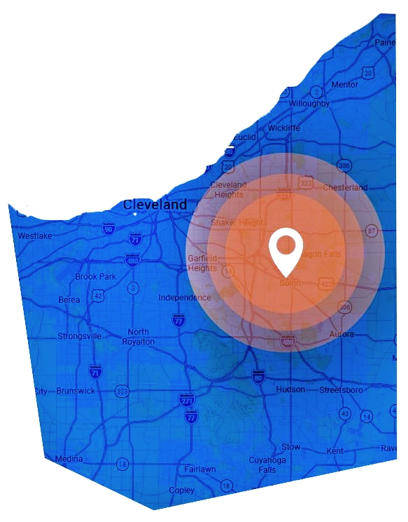A map of northeastern Ohio shows a pin marker near Solon with concentric orange circles indicating a highlighted area around the marker.