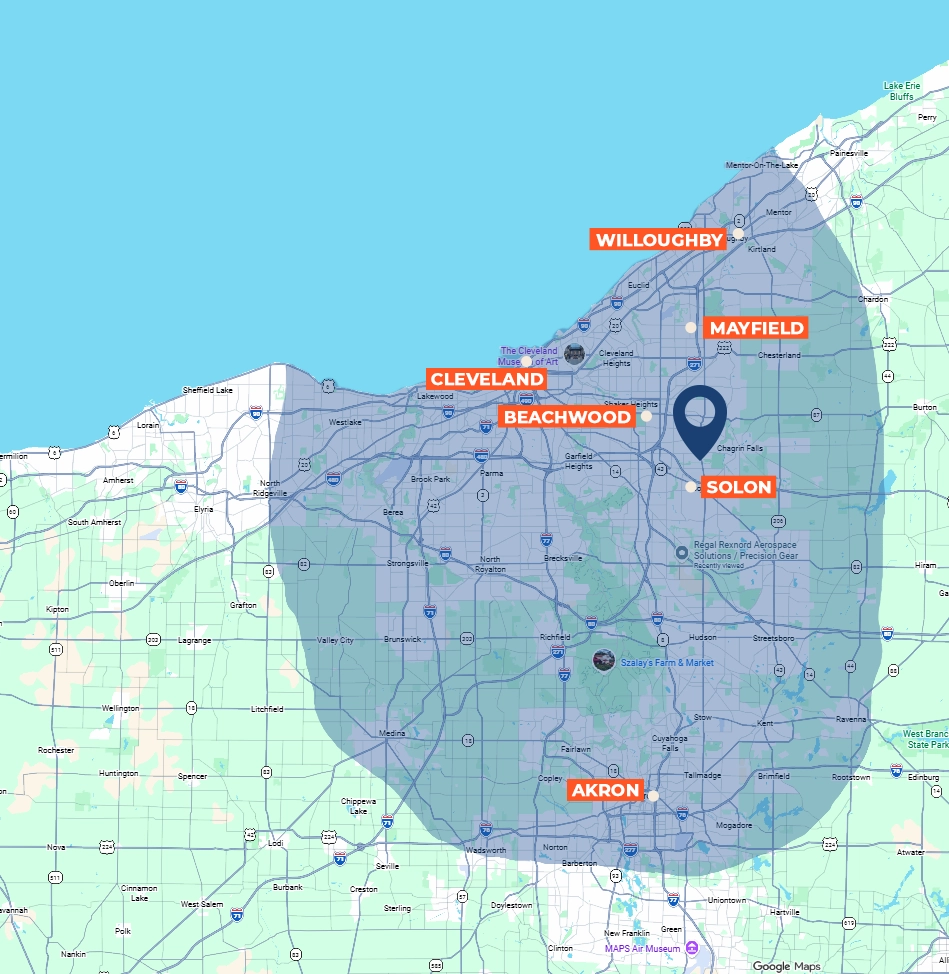 Map showing a shaded service area around Beachwood, Ohio, with labeled cities: Cleveland, Willoughby, Mayfield, Solon, and Akron.